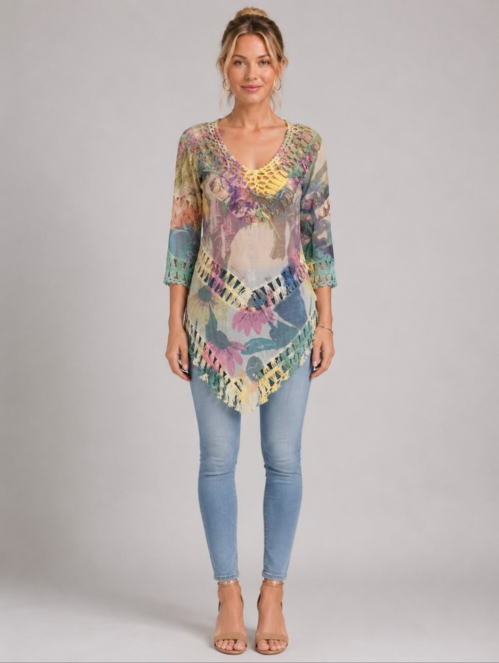 Anthropologie Dor Dor Couture Crochet Rainbow Print Tunic Top Size S